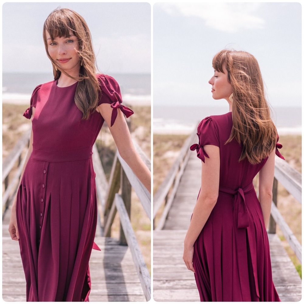 Gal Meets Glam Bette Bow-Tied Midi Dress Oxblood Burgundy Size 6